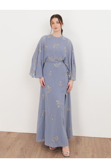 Maya Wisteria Blue Floral Embellished Cape Sleeve Maxi Dress