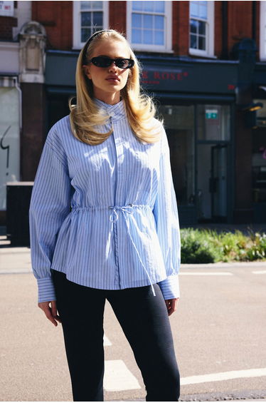 Stripe Cinched Waist Funnel Neck Shirt - blue