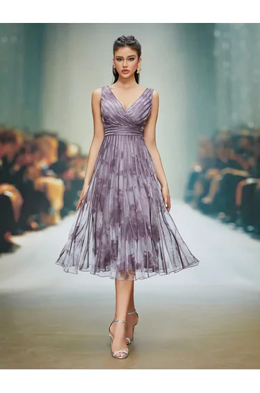 Leely Women's Elegant V Neck A-Line Midi Dress