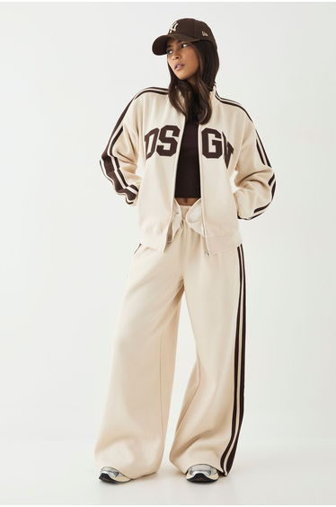 DSGN Studio Side Stripe Funnel Neck Zip Through Bomber Tracksuit - cream