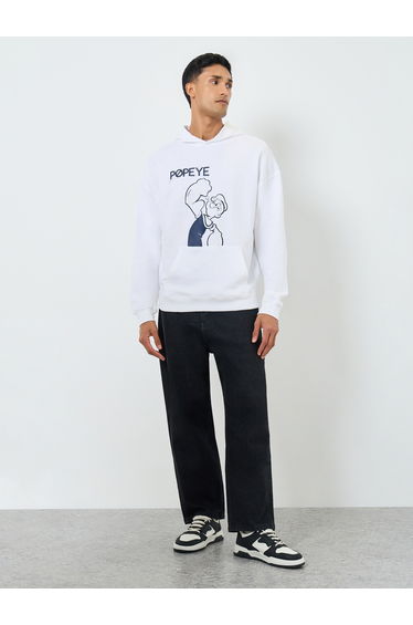 Men White Popeye Graphic Print Hoodie