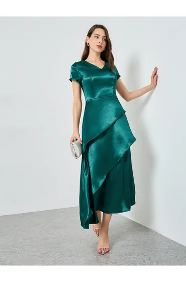 Women Green Satin Layered Maxi Dress