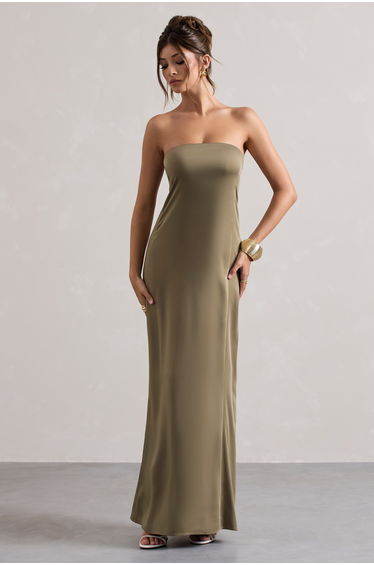 Azra | Olive Satin Bandeau Maxi Dress