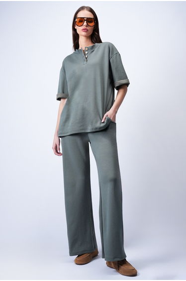 Women's Khaki Double Sleeve Collar Buttoned Pants Suit Top and Bottom Set