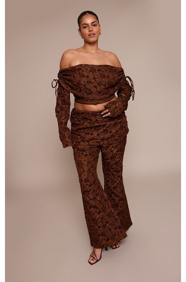 Plus Chocolate Floral Jacquard Fold Over Wide Leg Trousers