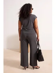 Anthracite Low Sleeve Soft Buttoned Flexible Plus Size Knitted Bottom - Top Set - 5