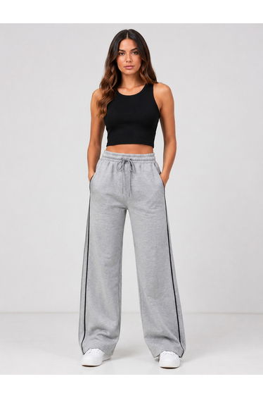 Grey High Rise Contrast Piping Wide Leg Joggers
