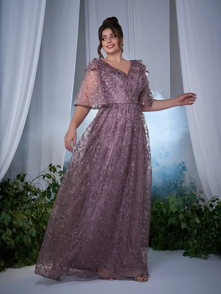 Leely Plus Women's Elegant V Neck Flounce Sleeve Party Dresses Leely Purple  : Dresses : VogaCloset Oman