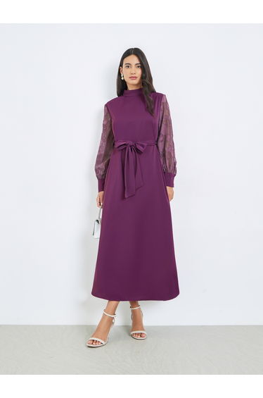 Purple Cuffed Sleeves A-Line Maxi Dress