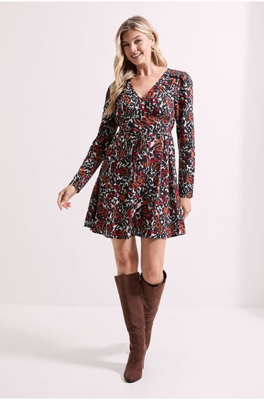 Shirred Shoulder Empire Long Sleeve Mini Dress