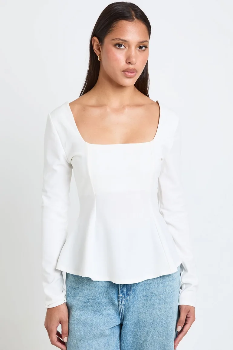 Scoop Neck Long Sleeve Peplum Top - ivory - 2