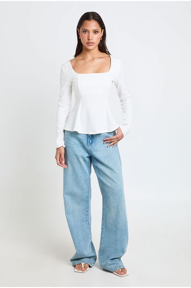 Scoop Neck Long Sleeve Peplum Top - ivory
