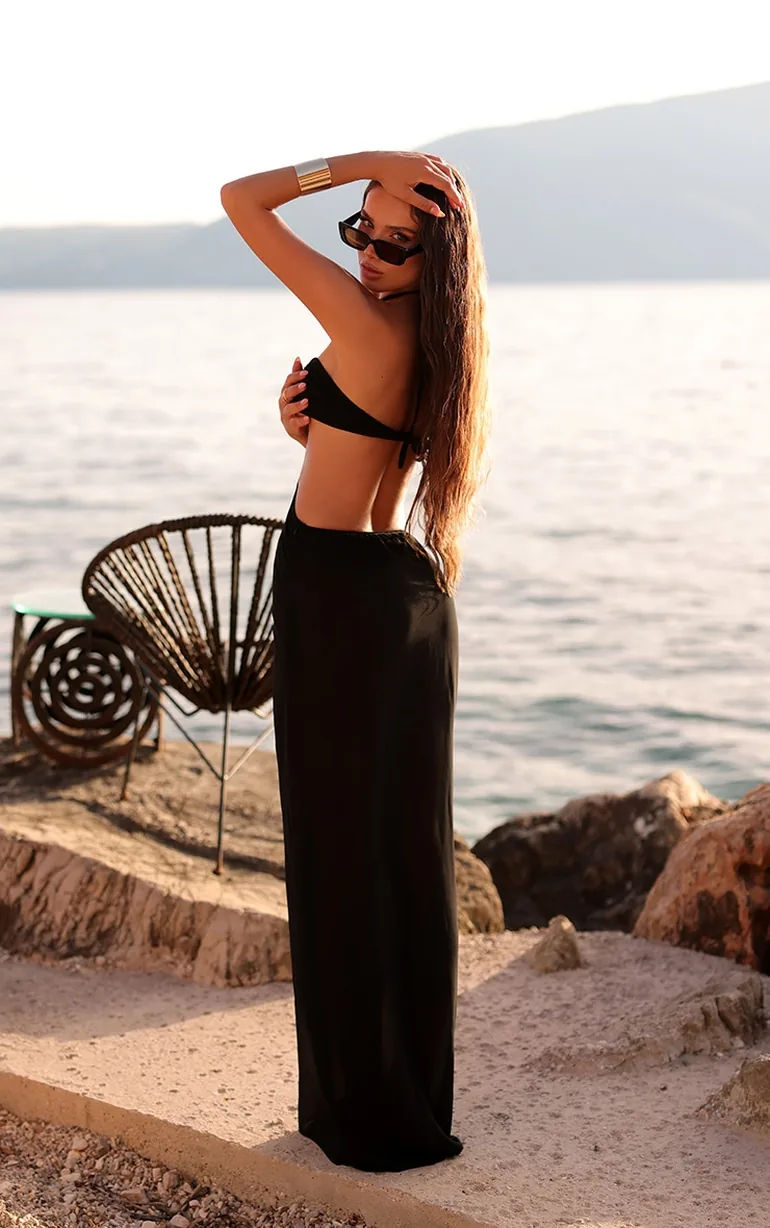 Shop Black Halter Neck Cut Out Maxi Beach Dress Online in Oman