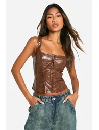 Croc Faux Leather Hook And Eye Corset - brown - 1