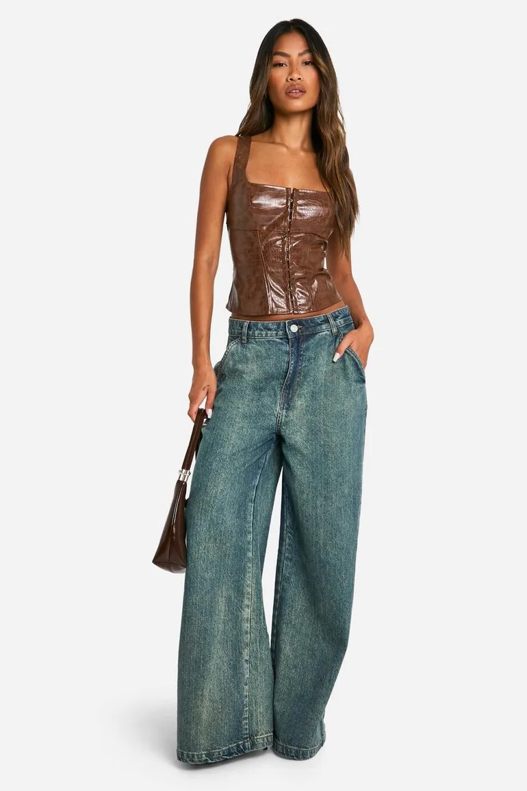 Croc Faux Leather Hook And Eye Corset - brown