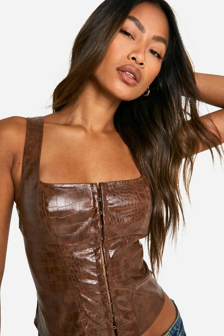 Croc Faux Leather Hook And Eye Corset - brown - 3