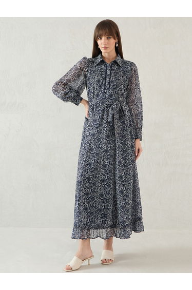 Navy Floral Printed Balloon Sleeve Maxi Dress