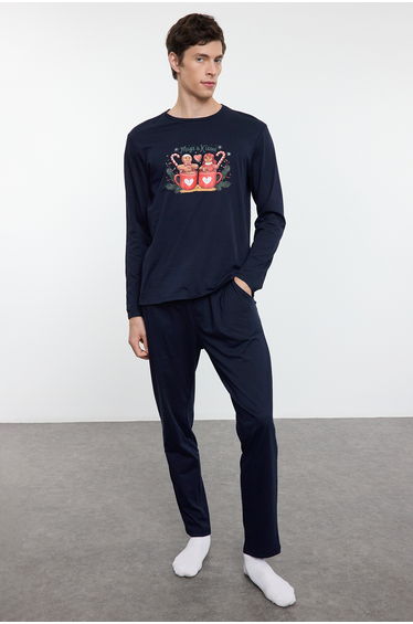 Men's Navy Blue Printed Knitted Couple Pajama Set