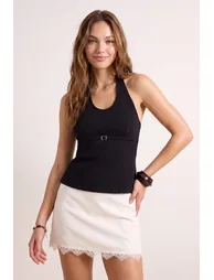 Black Fitted/Bodycon Halter Neck Interlock Knitted Blouse with Tie Detail - 1