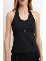 Black Fitted/Bodycon Halter Neck Interlock Knitted Blouse with Tie Detail - 5