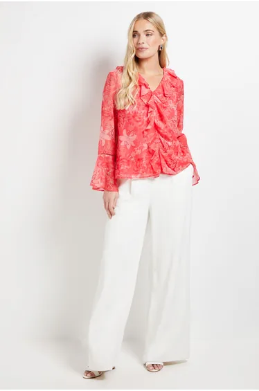 Petite Floral Lace Trim Ruffle Blouse