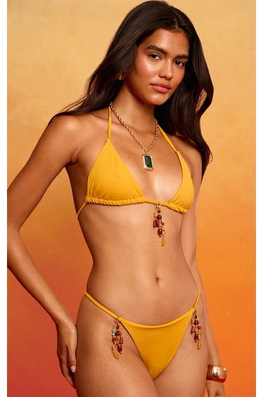 Mustard Charm Trim String Tanga Bikini Bottoms