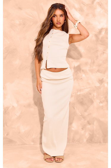 Beige Ribbed Maxi Mid Rise Skirt