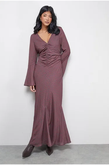 Premium Georgette Ruched Front Flutter Cuff Maxi Dress