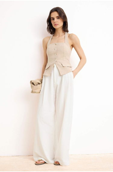 Beige Halter Neck Striped Woven Vest