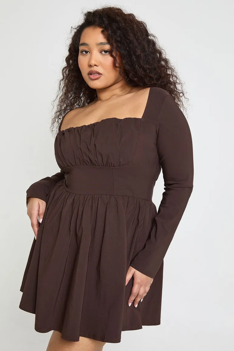 brown long sleeve skater dress Chocolate boohoo Bengaline Cinched Waist Long Sleeve Skater Shirt Dress