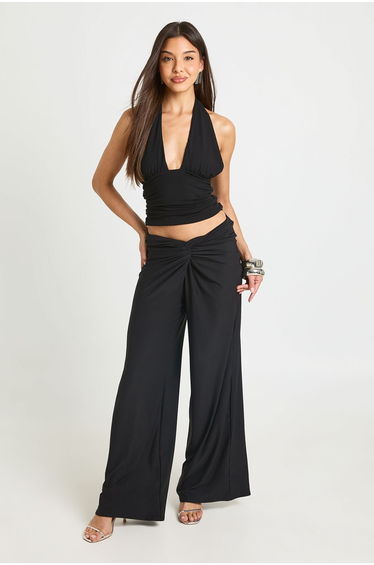 Super Soft Rib Halterneck Ruched Top - black
