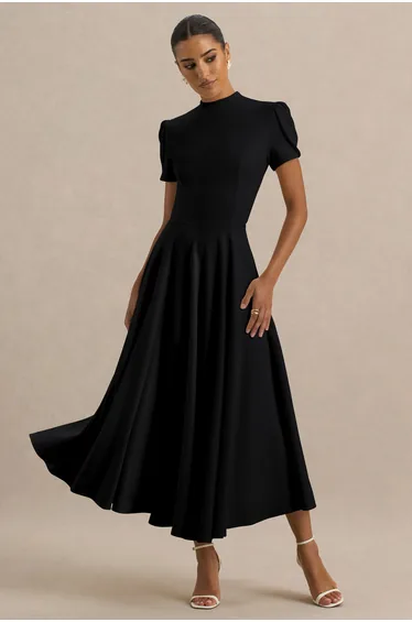 Vicky | Black High Neck  Dress With Puff Sleeves
