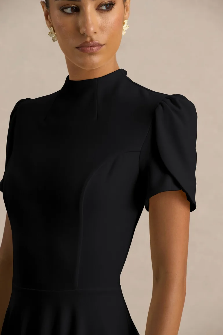 Vicky | Black High Neck  Dress With Puff Sleeves - 2