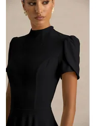 Vicky | Black High Neck  Dress With Puff Sleeves - 2