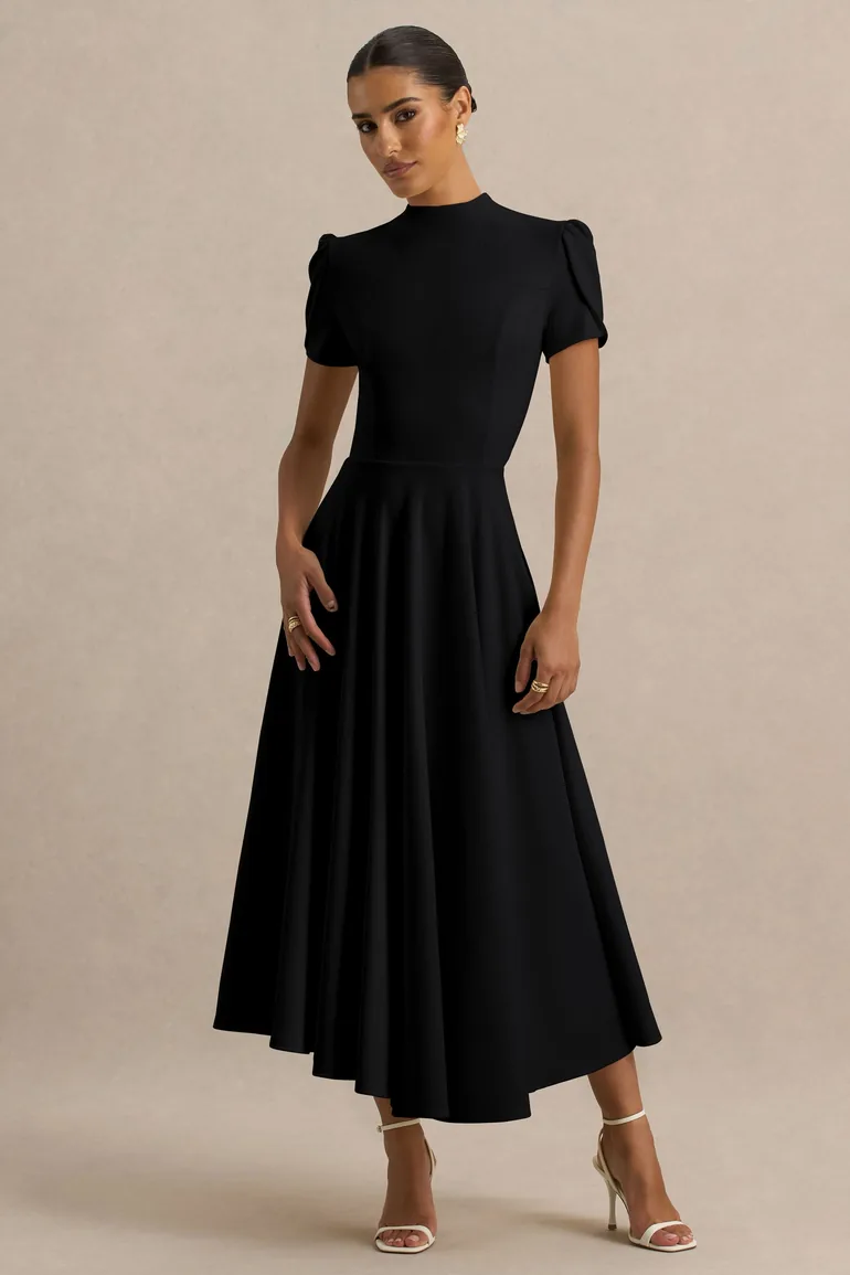 Vicky | Black High Neck  Dress With Puff Sleeves - 5