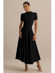 Vicky | Black High Neck  Dress With Puff Sleeves - 5