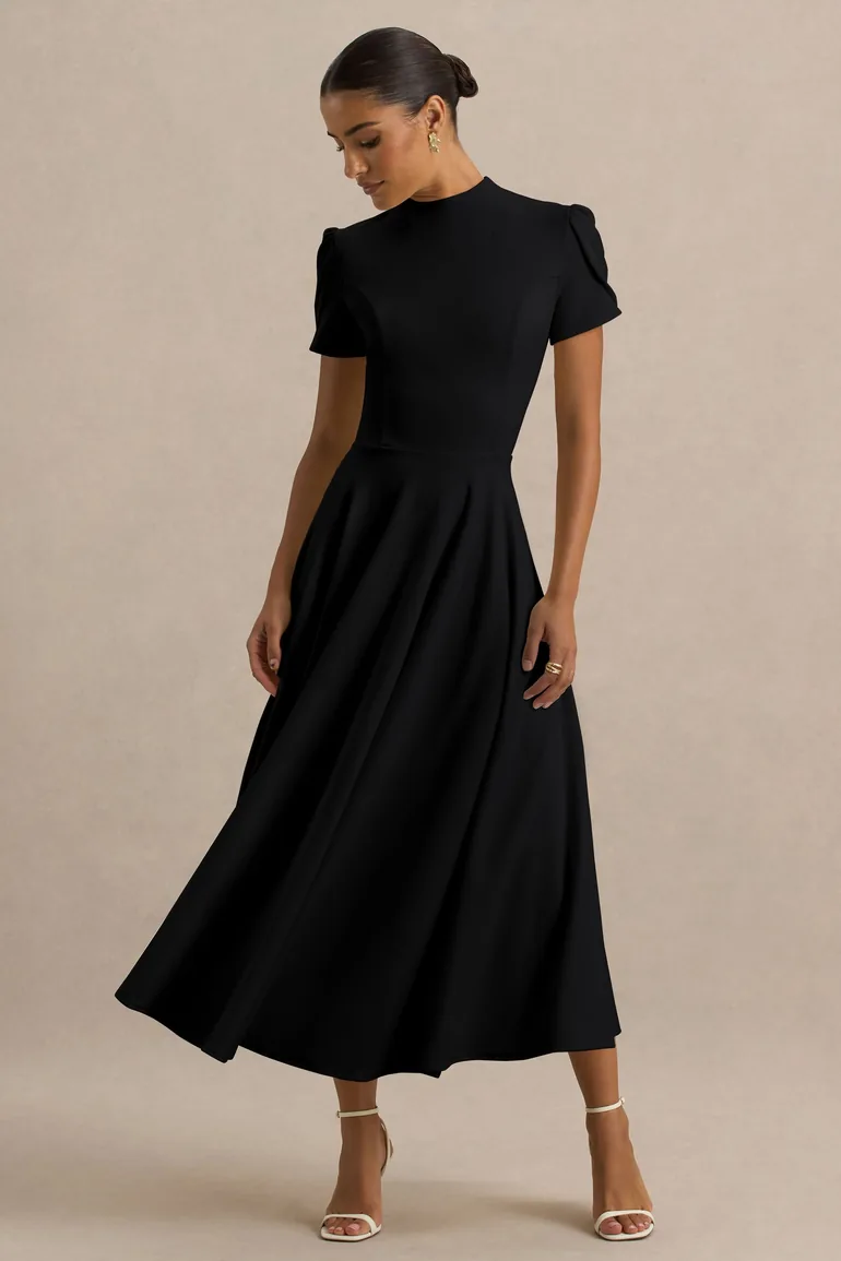 Vicky | Black High Neck  Dress With Puff Sleeves - 3