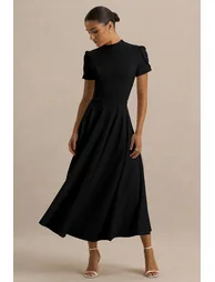 Vicky | Black High Neck  Dress With Puff Sleeves - 3