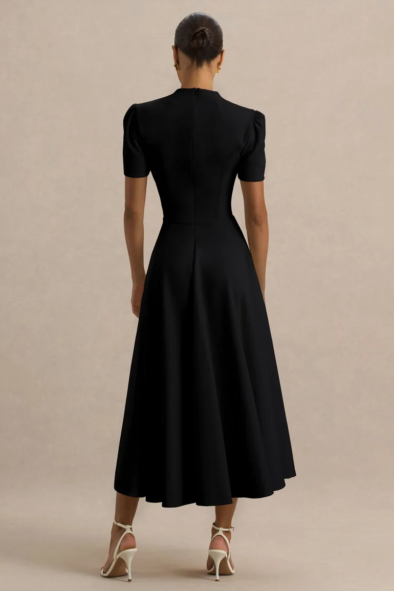 Vicky | Black High Neck  Dress With Puff Sleeves - 1