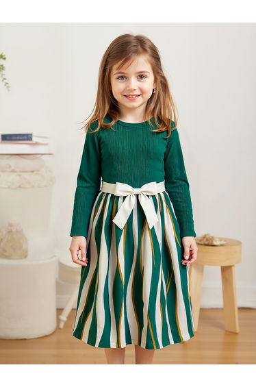 Textured Knit Bow Detail Striped Dress
