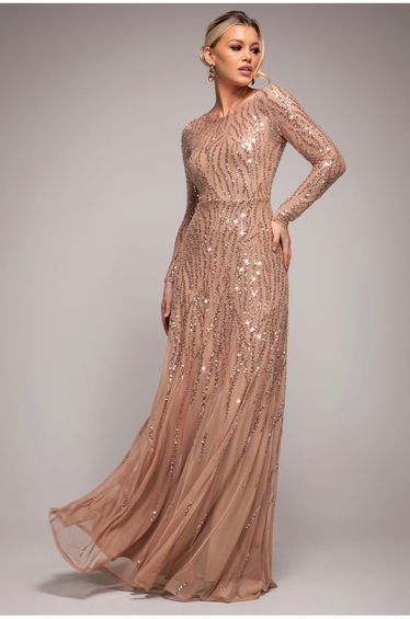 Ombre Sequin Beaded Flared Long Sleeve Maxi Dress - Champagne by Goddiva