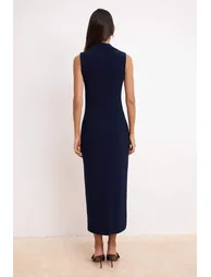Navy Blue Bodycon Shirt Collar Buttoned Sleeveless Maxi Stretch Knitted Dress - 2