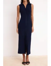 Navy Blue Bodycon Shirt Collar Buttoned Sleeveless Maxi Stretch Knitted Dress - 3