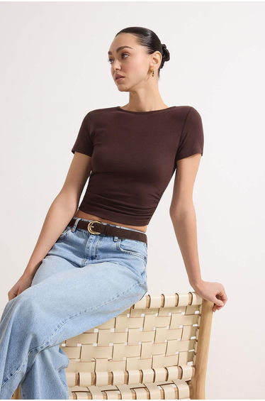 Brown Shirring/Drape Detail Fitted Knitted Blouse