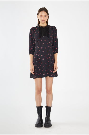 Black-Red Cherry Fruit High Neck Mini-Dress