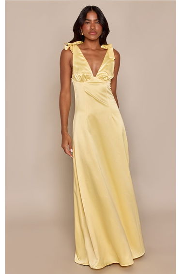 Lemon Satin Tie Shoulder Maxi Dress