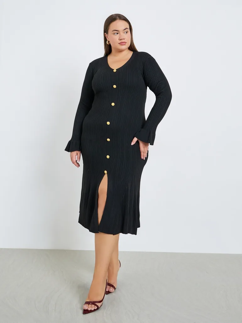 black ribbed button detail midi dress Black Button Detail Maxi Dress BLANK