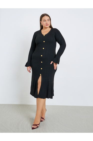 Plus Size Ribbed Knit Button Detail Midi Dress