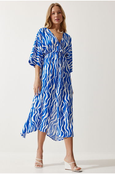 Women's Blue White Deep V Neck Summer Long Viscose Dress