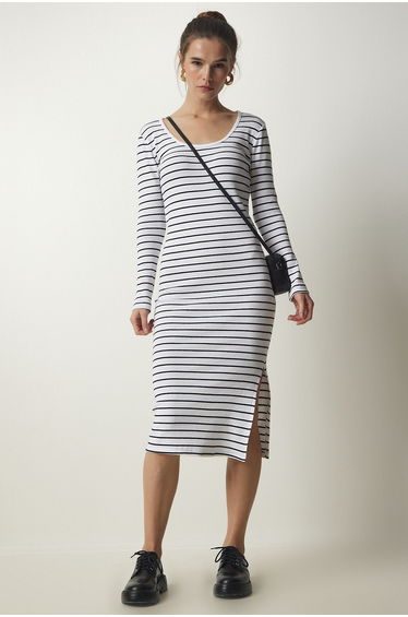 Women's White Striped Slit Saran Knitted Dress